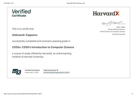 Certificate of CS50's Introduction to Computer Science