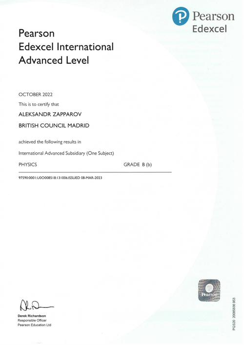 Certificate of Pearson EDEXCEL International As Levels Physics