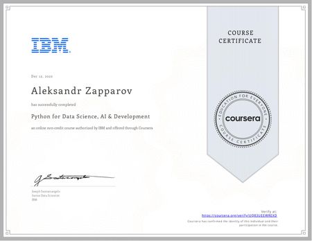 Certificate of Python for Data Science, AI & Development