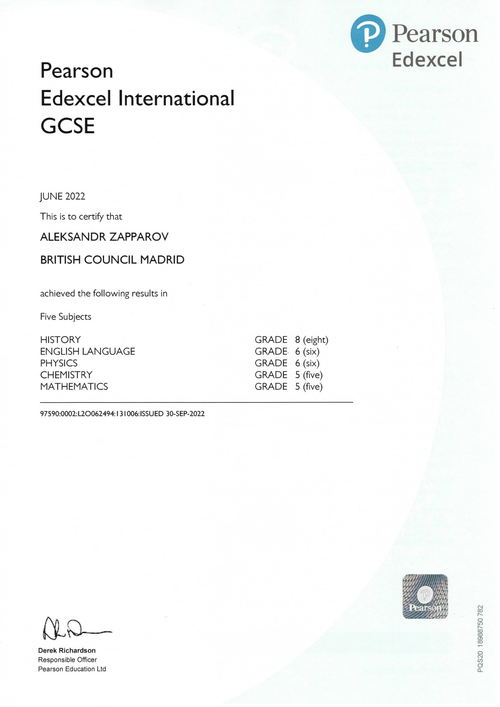 Certificate of Pearson EDEXCEL International GCSE