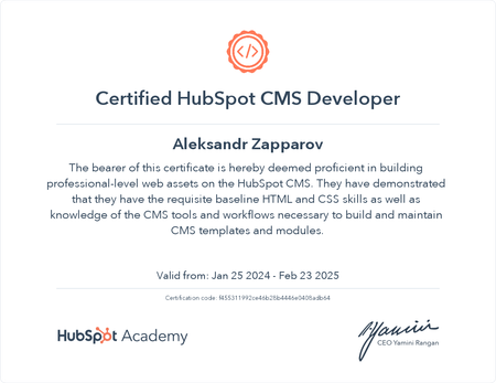 Certificate of Hubspot CMS for Developers I