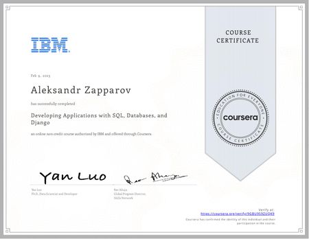 Certificate of Developing Applications with SQL, Databases, and Django