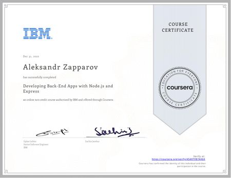 Certificate of Developing Back-End Apps with Node.js and Express