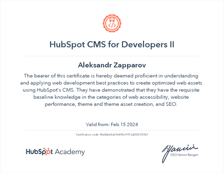 Certificate of Hubspot CMS for Developers II