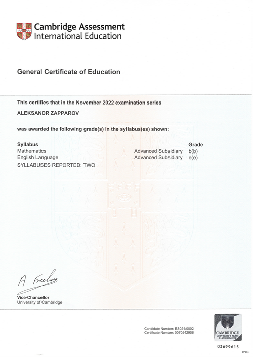 Certificate of CIE As Levels Maths and English Language